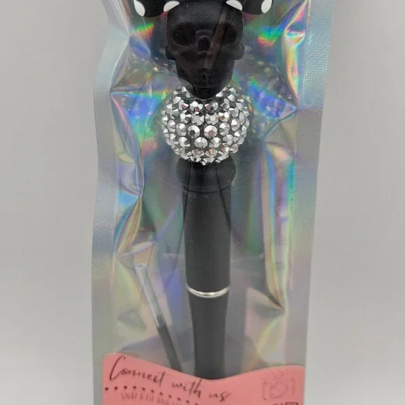 Black Beaded Pen w/ Skull, Bow, Rhinestones / Spare Ink Cartridge - Handmade - Picture 2 of 2